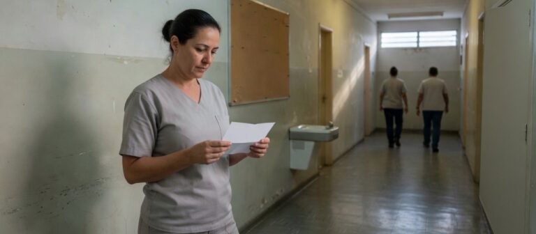 Capa do artigo: trabalhadora conferindo o contracheque no corredor da empresa, em Campinas