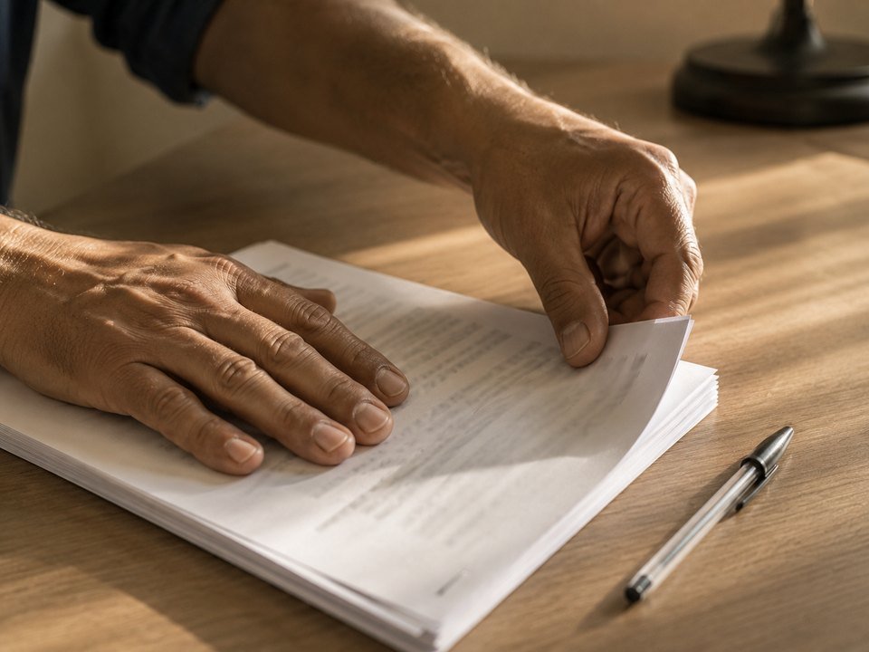 Contrato assinado sobre a mesa em reuniao de analise, Campinas
