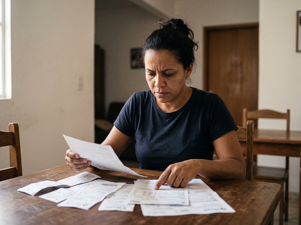 Pessoa conferindo boletos e comprovantes de uma divida nao paga, Campinas