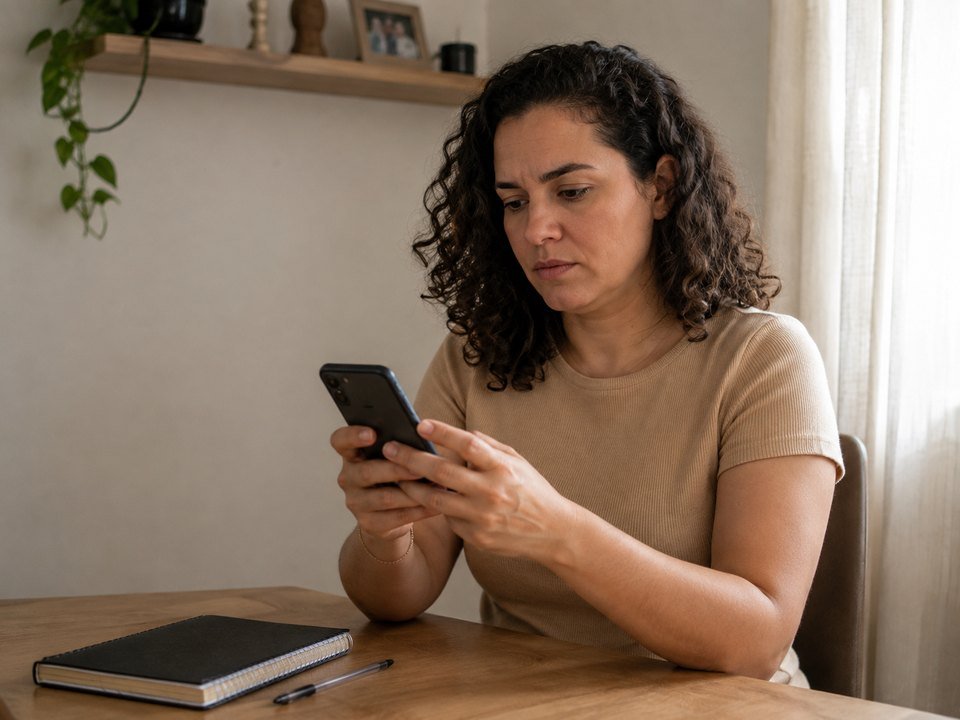 Pessoa conferindo no celular o comprovante de um emprestimo que nao foi devolvido, Campinas